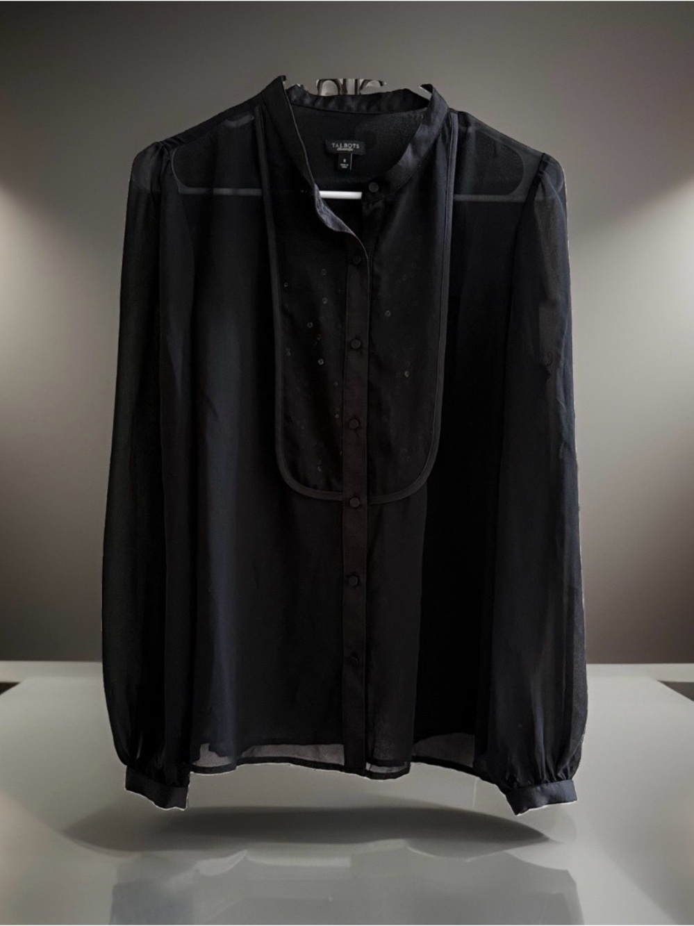Talbots Women’s 8 Black Sheer Chiffon Collared Button Front Long Sleeve Blouse